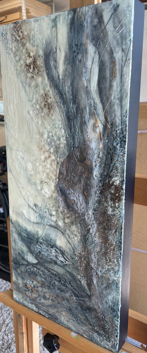 "Greyscale Aeration" 10 x 22 Encaustic & Collage