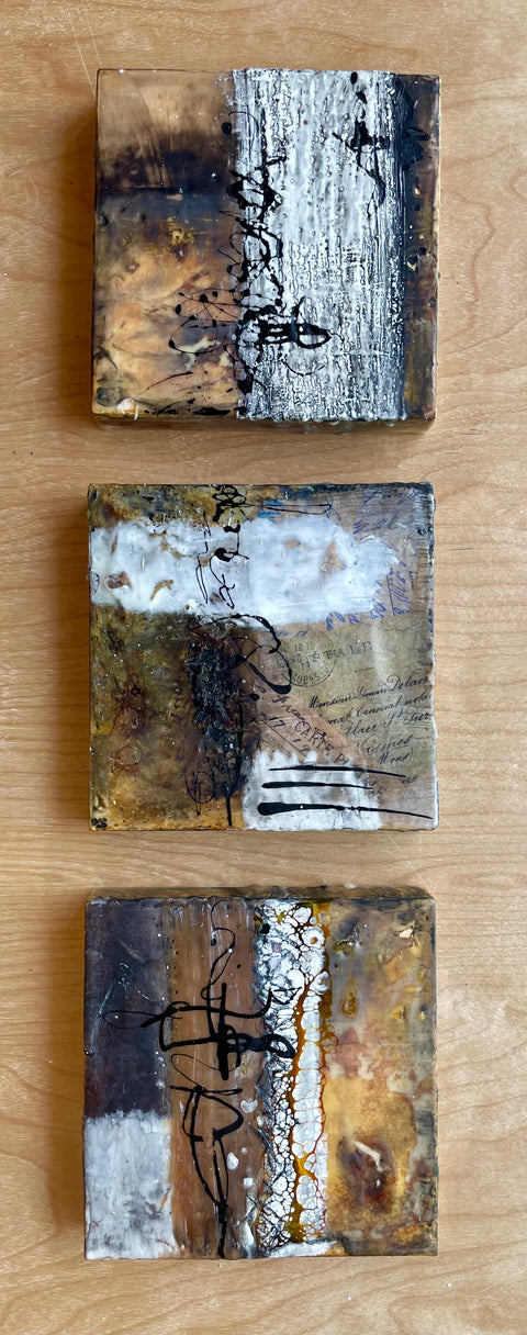 "Travel by 3" (3) 5 x 5 Encaustic