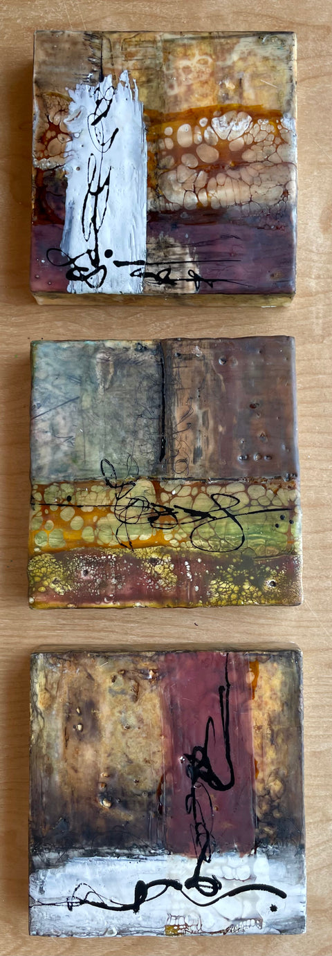 "Parchment 3" (3) 5 x 5 Encaustic, Collage and Ink